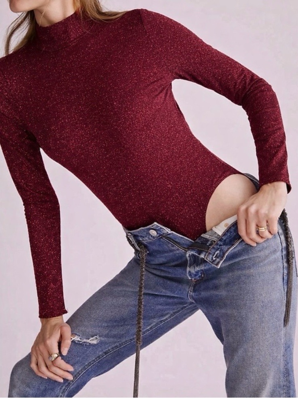 NWT Daily Practice by Anthropologie Shimmer Open-Back Bodysuit Plum Sz. S - Picture 1 of 6